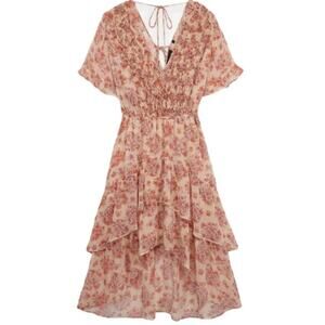 The Kooples Paris S Cottagecore Ruffle Midi Dress Tan Pink Floral Flowy Chiffon